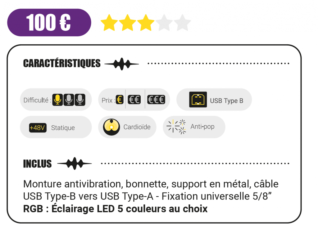 Monture antivibration, bonnette, support en métal, câble USB Type-B vers USB Type-A - Fixation universelle 5/8” RGB : Éclairage LED 5 couleurs au choix